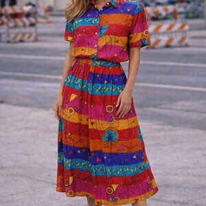 Vintage Avocado Brand Colorful Printed Skirt Set Medium